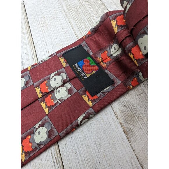 Mickey Unlimited Disney Micky Mouse Checked Maroon Red Character Necktie - Picture 3 of 4